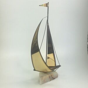 MCM Brass Metal Sailboat Sculpture Onyx Stone Signed Nautical Art 15" tall